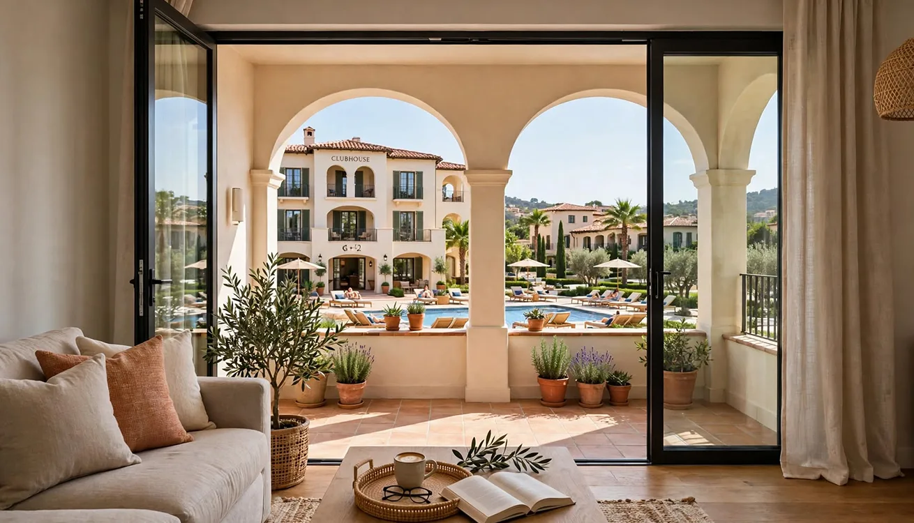 Mediterranean arches framing a balcony and clubhouse view