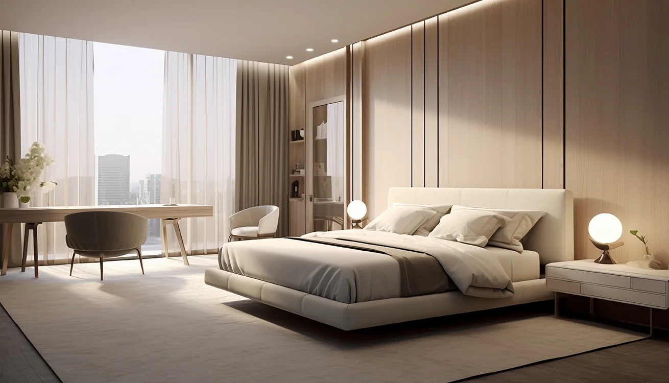 Bedroom with warm wood finishes and a study area