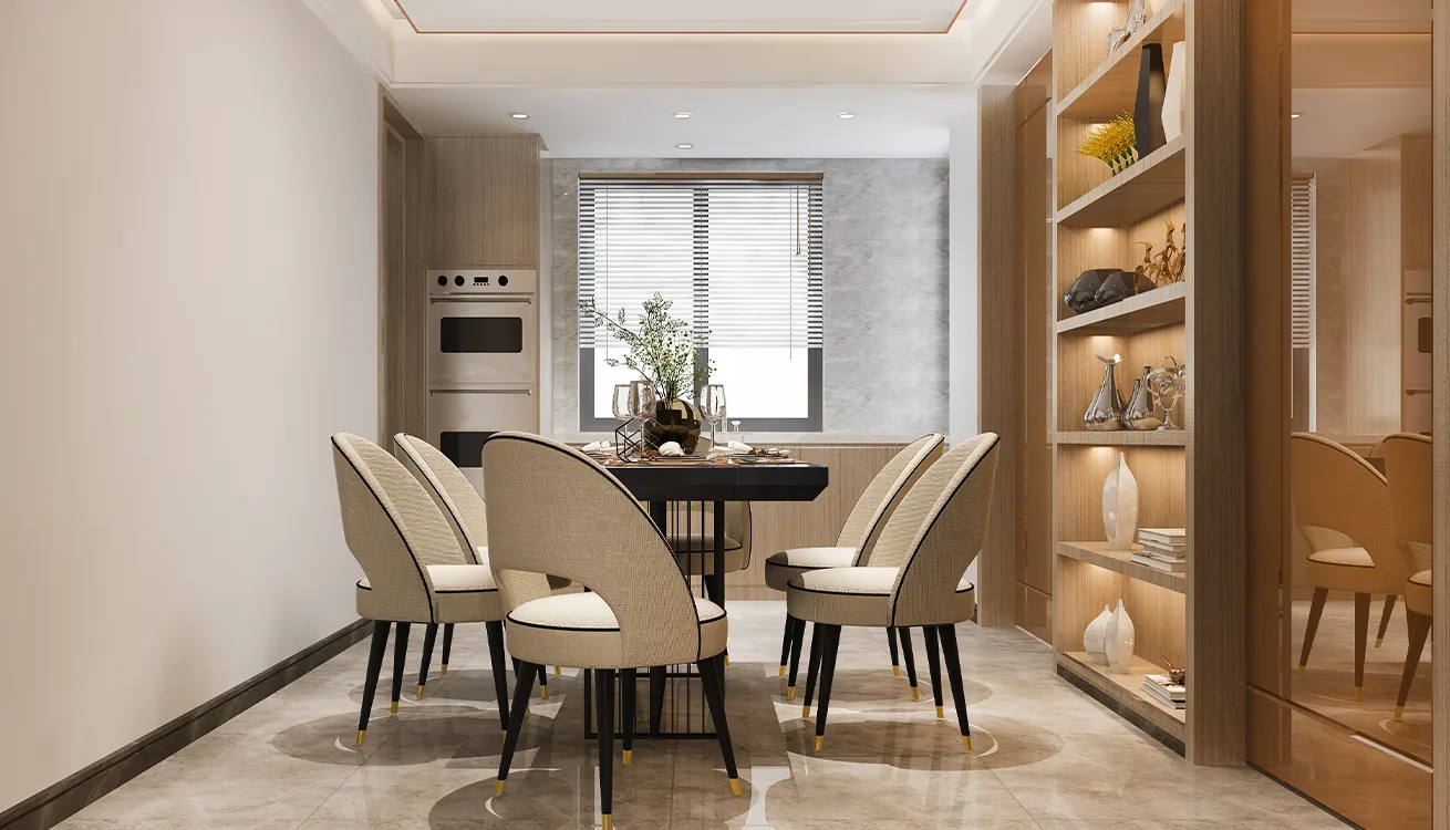 Dining room beside a contemporary kitchen