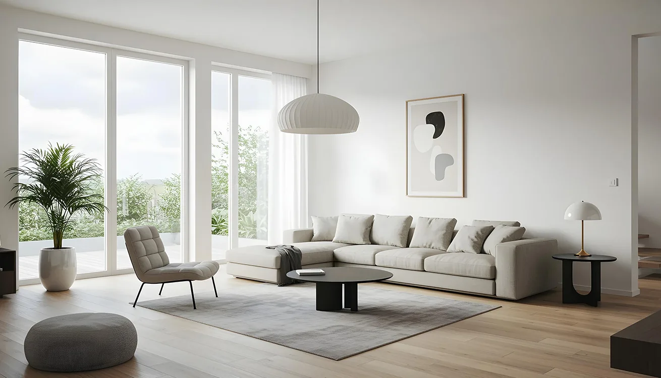 Light-filled living room with full-height windows